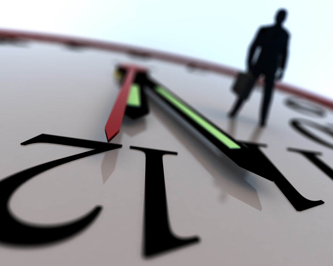 Abstract image of a business man walking on an enlarged clock